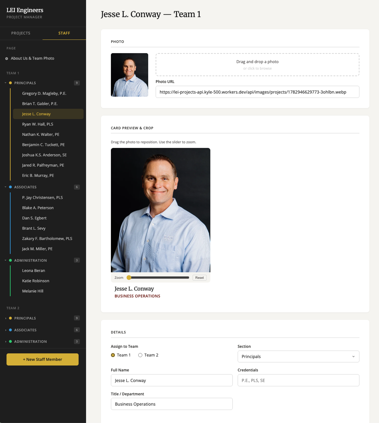 Staff management: teams and sections in the sidebar, photo upload with card preview and crop, and per-person details