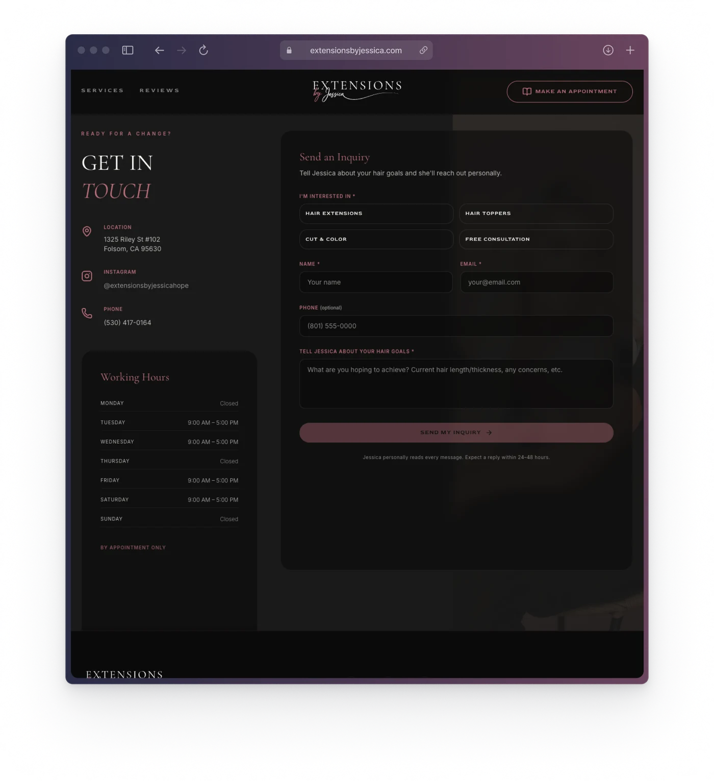 Service inquiry form with stylist routing