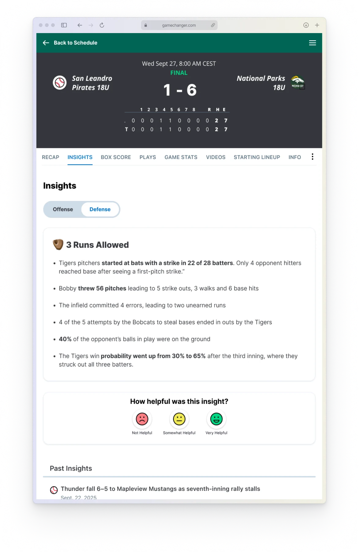 Post-game team insights on desktop with feedback prompt