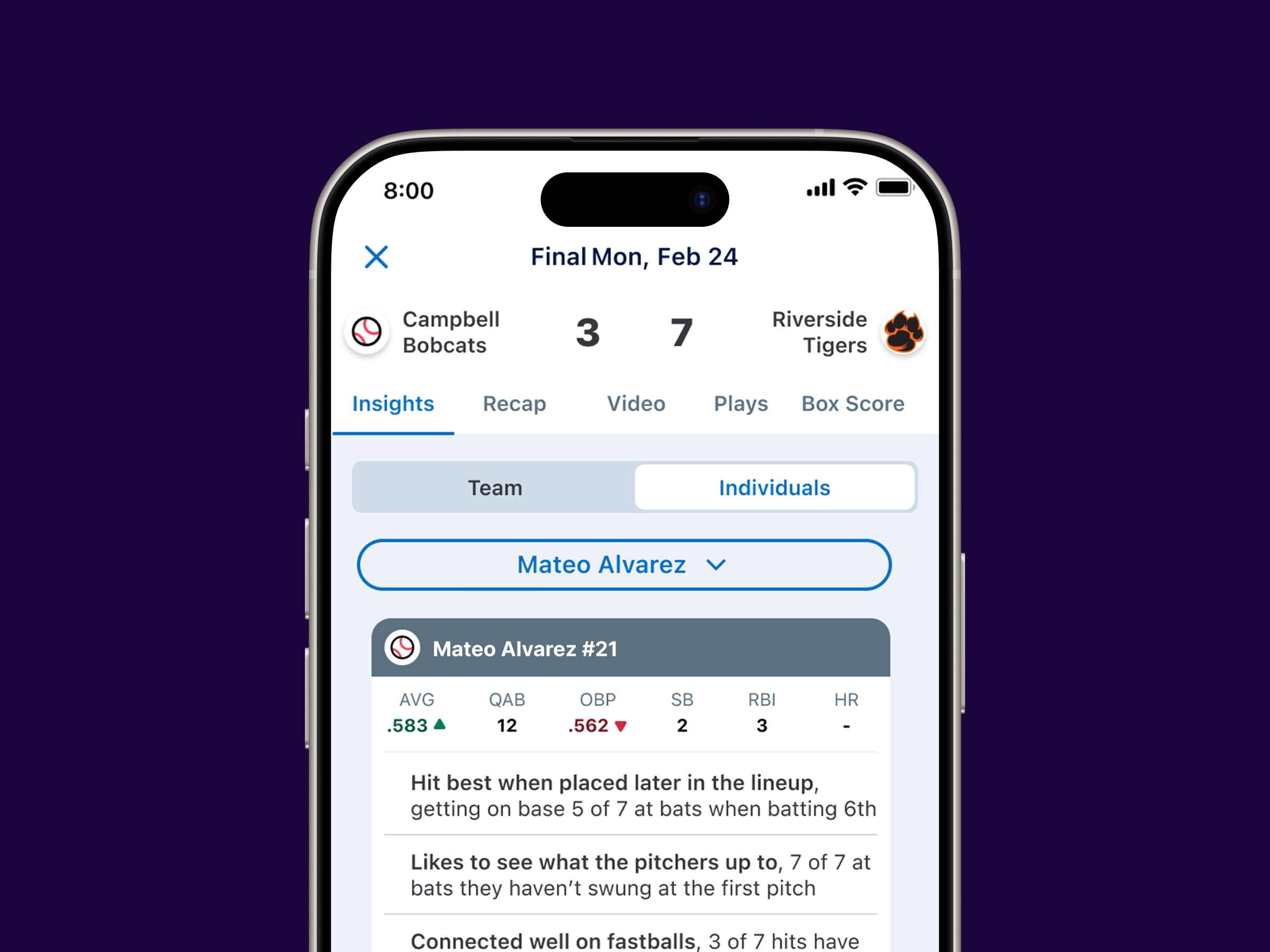 GameChanger player insights on mobile