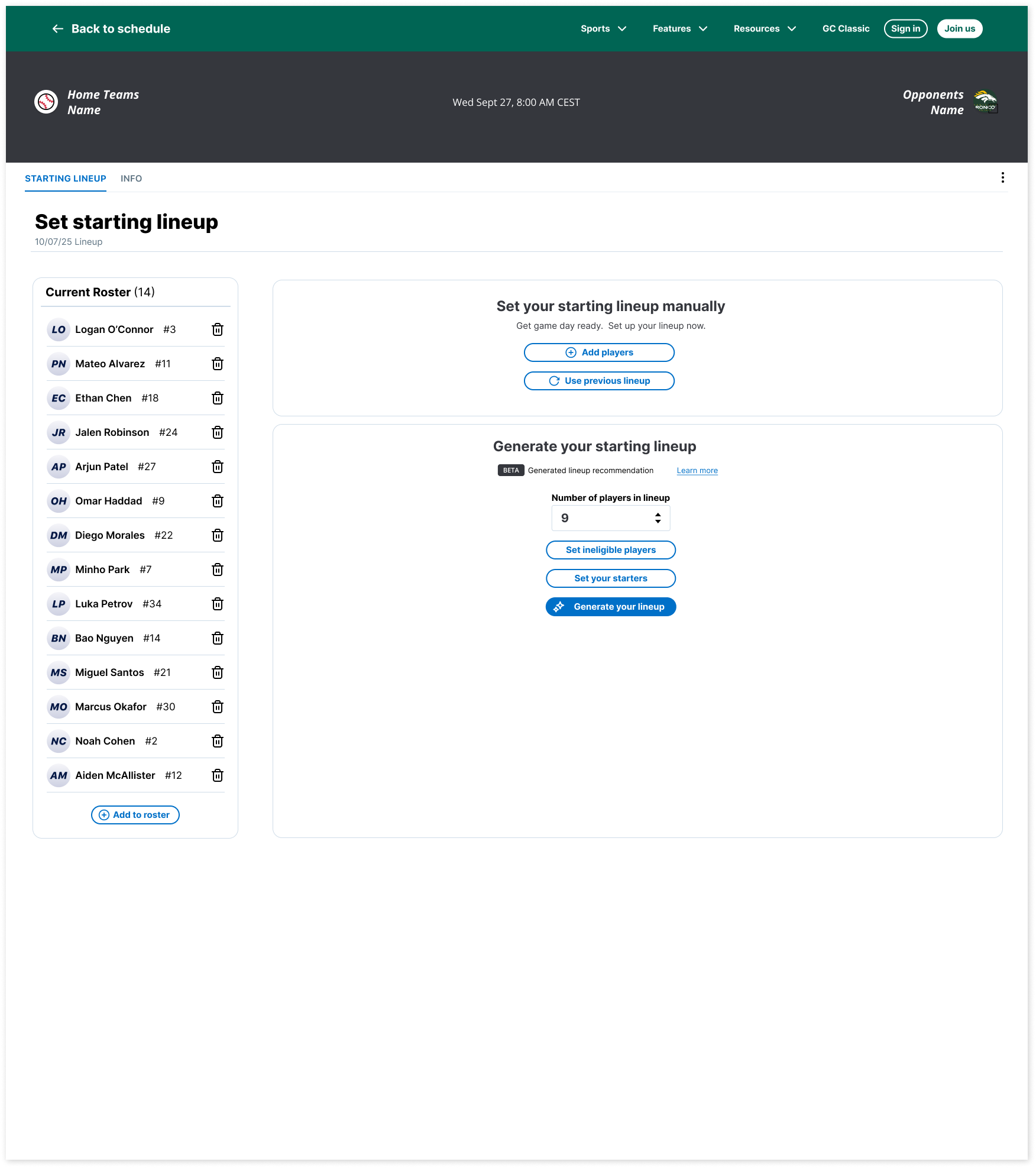 Set starting lineup: manual setup or generate a recommendation from season data