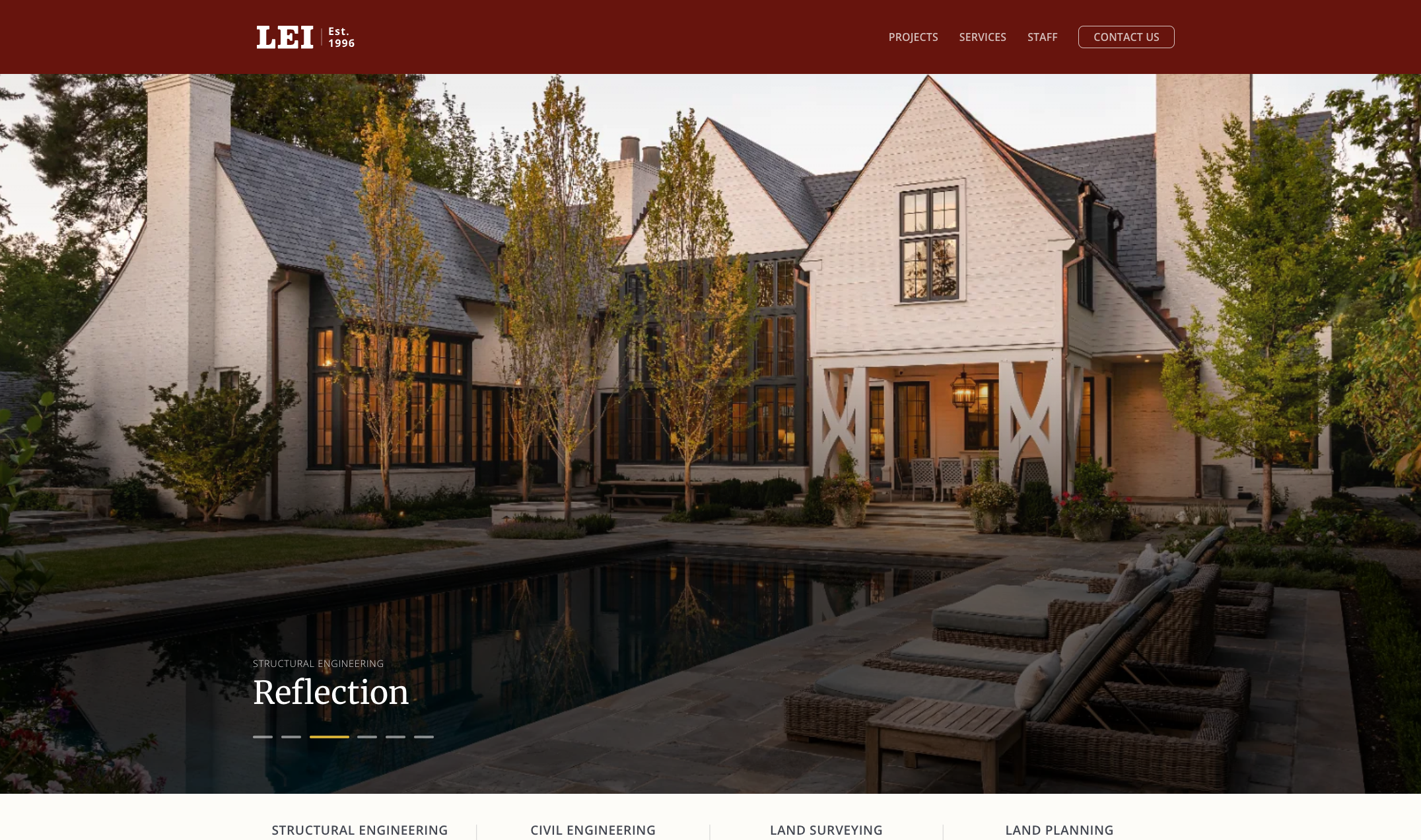 LEI homepage: full-bleed project photography with rotating featured projects