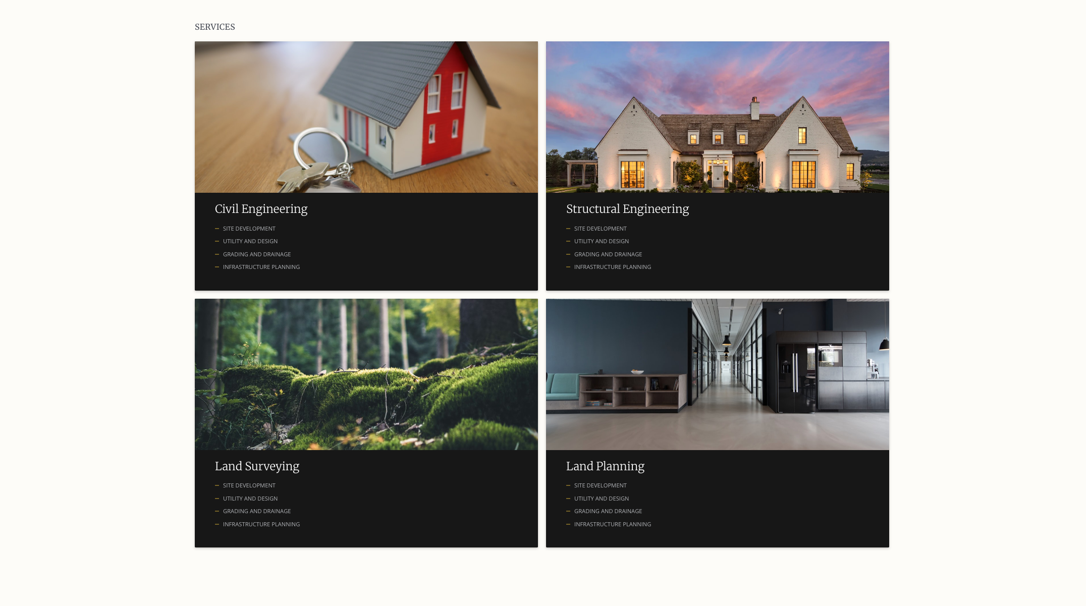 Homepage services grid: civil, structural, surveying, land planning