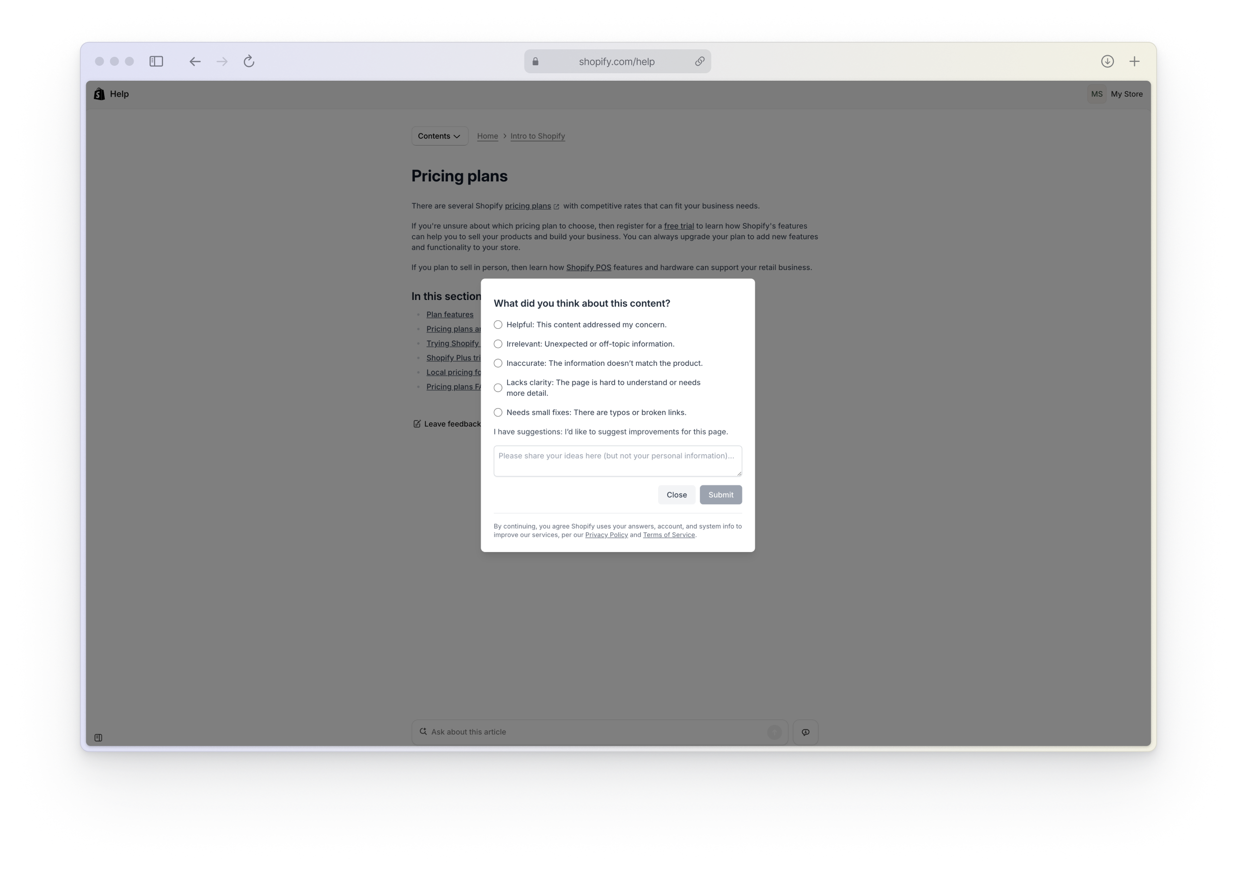 Article feedback dialog with categories for helpful, irrelevant, inaccurate, unclear, and small fixes