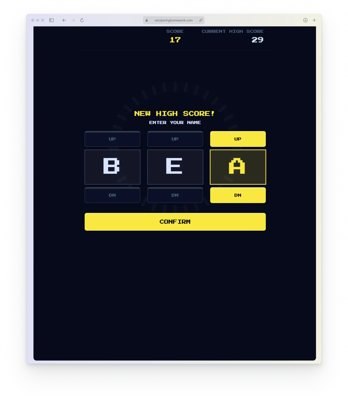 Enter high score screen