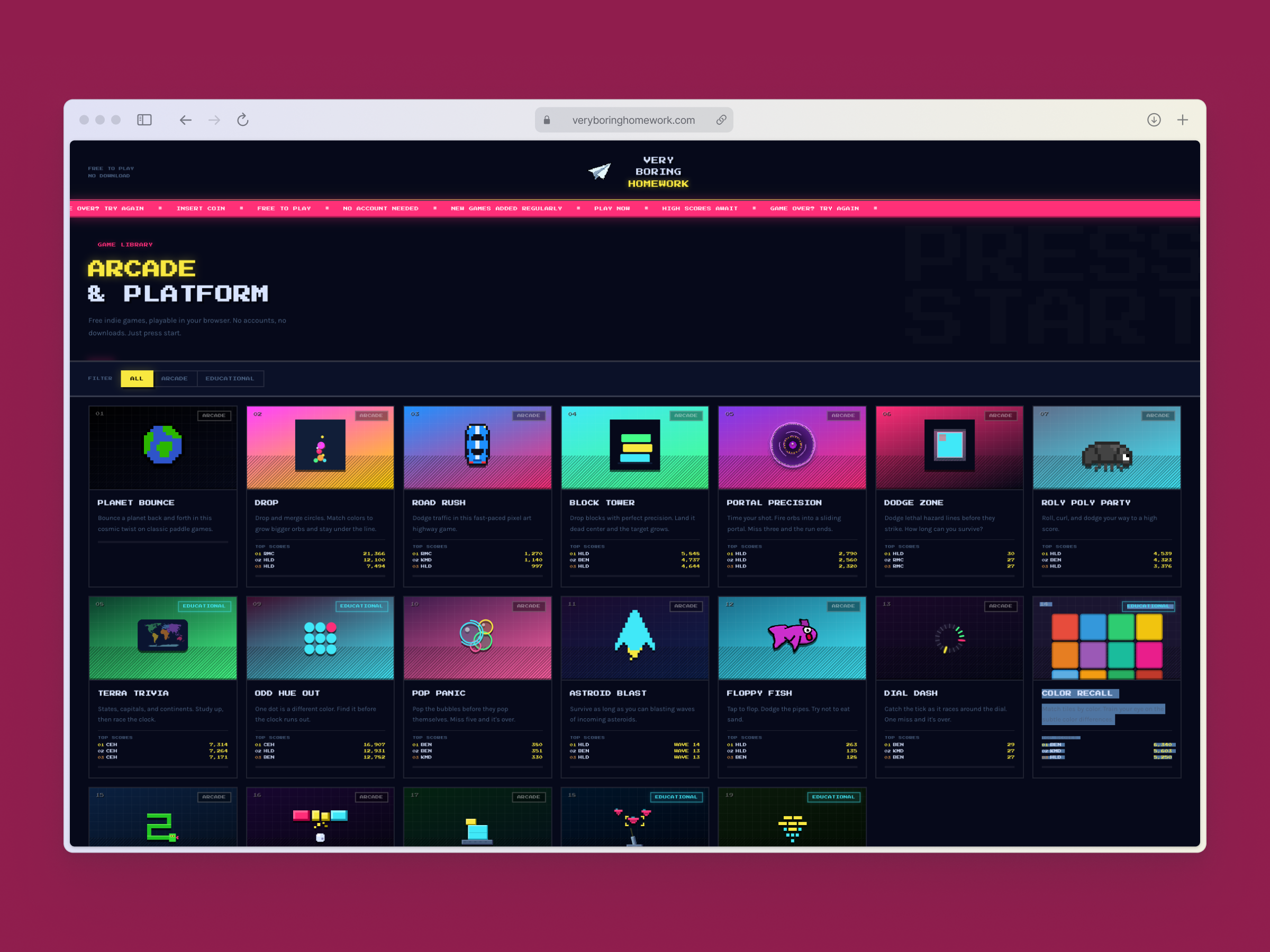 Very Boring Homework arcade game library